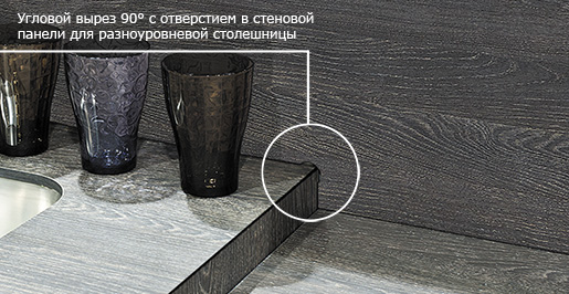Угловой вырез 90° с отверстием в стеновой панели для разноуровневой столешницы